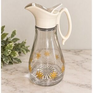 Vintage Log Cabin Syrup Pitcher Glass Gold Snowflake Atomic Starburst MCM 8in